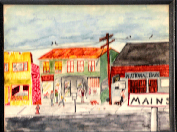 Sorry it's fuzzy - I think it was not taken out of its frame for scanning (eh, Cookie?). Chrissy painted this when she was a teen. She spent many hours on this street, "hanging out."
